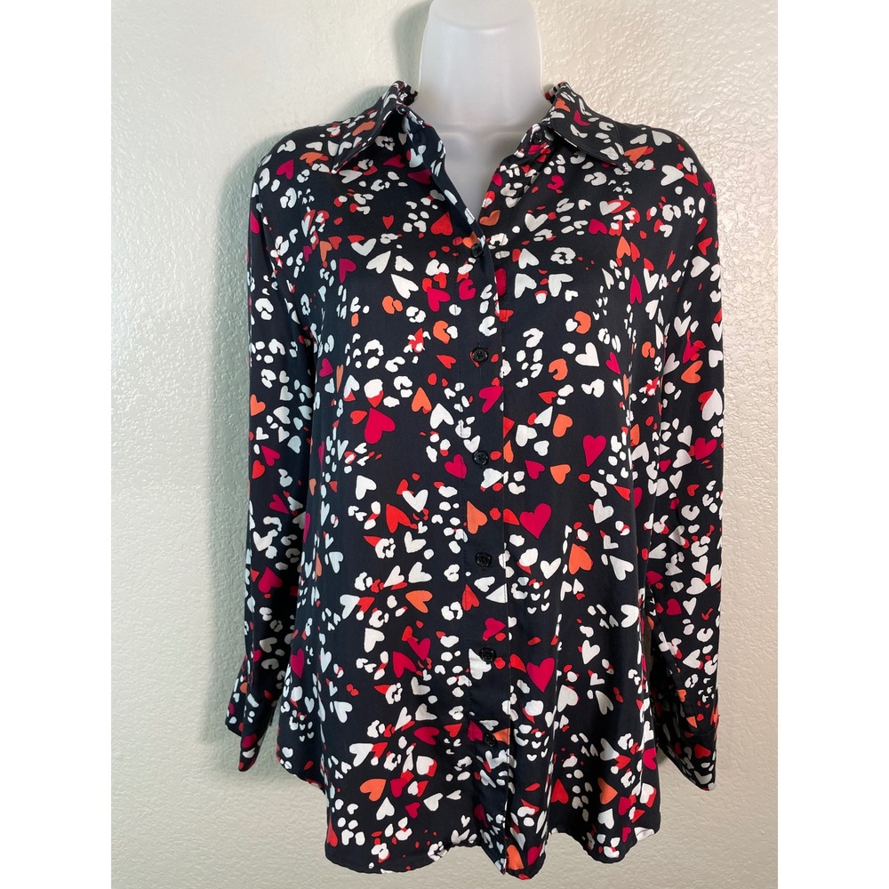 Chicos 2 US 12/14 Button Down Shirt Black Heart Print Modal Long Sleeve Love
